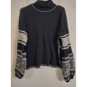 Free People North Lights Thermal Mock Sweater Waffle Knit Black Key Hole Sz Med